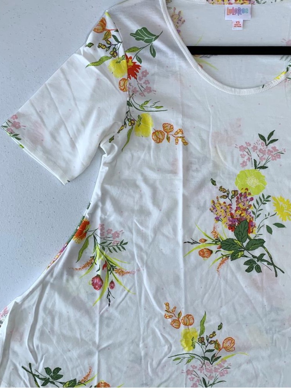 LuLaRoe Perfect White Floral Scoop Neck Tunic with Yellow, Green & Pink Accents